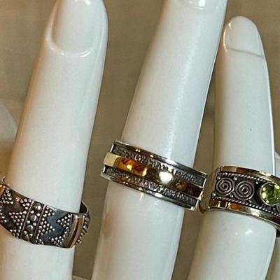 (3) Sterling Silver Rings  W 18K Gold Accents - (1) Peridot - Size 6 - 6.5 - Total Weight 4.28 Grams 