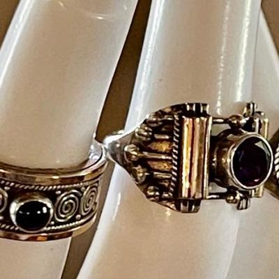 (3) Sterling Silver Rings - (2) W 18K Gold Accent - Charoite - Garnet & Onyx - Size 4-5 - Weight 13.86 Grams