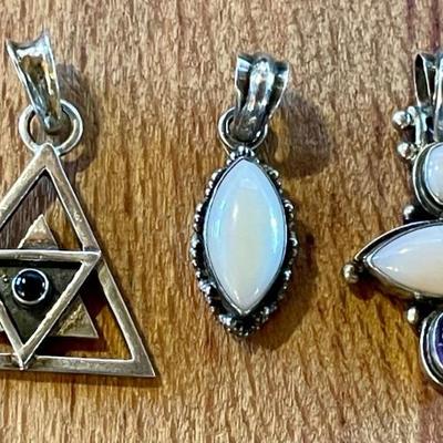 (3) Sterling Silver Handmade Pendants - Amethyst - Onyx & Pink Cabochon - Total Weight 10.21 Grams 