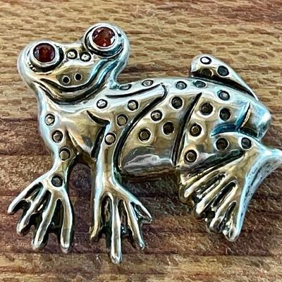 Sterling Silver & Garnet Eye Frog Handmade Pendant Pin - Total Weight - 9.46 Grams 