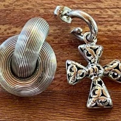 (2) Pairs Of Sterling Silver Handmade Earrings - Pierced Crosses & Silver Drops - Total Weight - 18.79 Grams