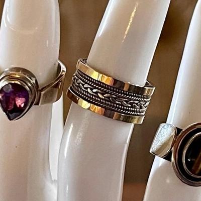 (3) Sterling Silver Rings - Faceted Amethyst - Tiger's Eye & Band W 18K Gold Accent - Size 4-5 - Weight 19.19 