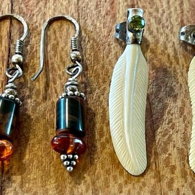 (2) Pairs Of Handmade Earrings - Carved Wolly Mammoth Tusk Feathers & Mahogany Obsidian & Amber Bead