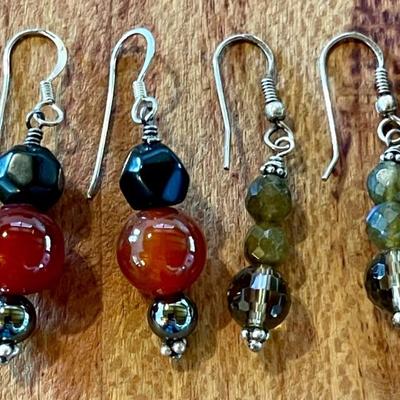 (2) Pairs Of Sterling Silver & Bead Earrings - Jet - Hematite & Carnelian And Smoky Quartz 