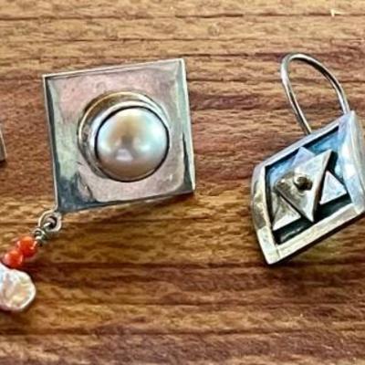(2) Pairs Of Sterling Silver Handmade Earrings - (1) Pair Wire & Pearl & Coral Post Earrings - 16.66 Grams 