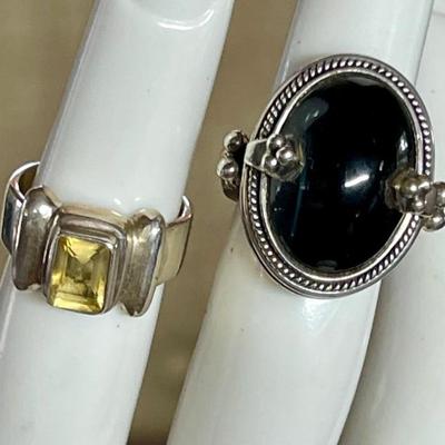 (2) Sterling Silver Rings - Black Onyx Cabochon & Citrine - Size 4.5 - Total Weight 19.97 Grams 