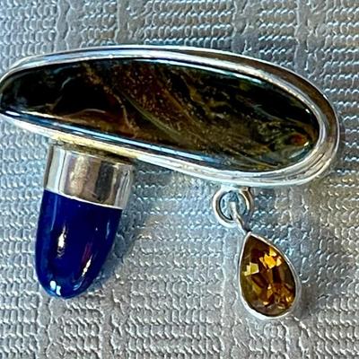 Sterling Silver - Pietersite - Lapis & Citrine Handmade Pin - Total Weight - 12.19 Grams 