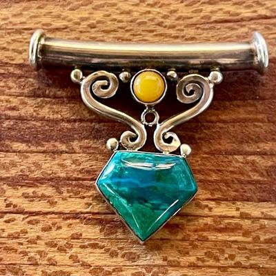Sterling Silver - Malachite & Amber Slide Handmade Pendant - Total Weight 7.07 Grams 
