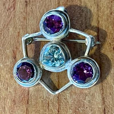 Sterling Silver - Amethyst & Blue Topaz Faceted Stone Handmade Pendant Pin - Total Weight - 11.26 Grams 