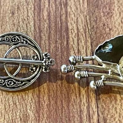 (2) Sterling Silver Handmade Pins - Fossil (as Is) & Arrow Designs -total Weight - 14.42 Grams 