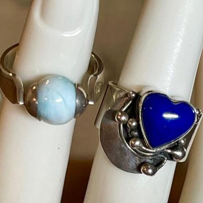 (2) Sterling Silver Rings - Larimar Round Stone & Blue Lapis Heart - Both Size 5 - Weight 9.96 Grams 