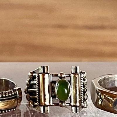 (3) Sterling Silver Rings - Octagonal Band - Jade W 18K Gold Accent & Band W 18K Gold Accent Size 3.5 - 5