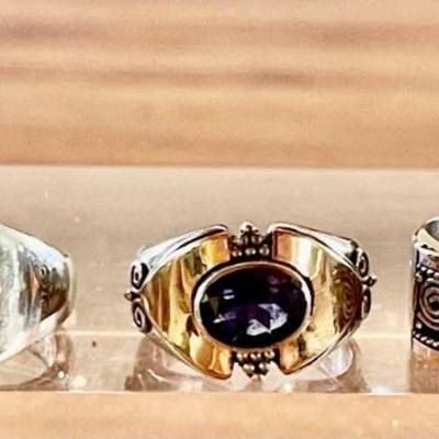 (3) Sterling Silver Rings (2) W 18K Gold Accent - Amethyst - Garnet - Charoite - 4-4.5 - Weight 15.31 Grams