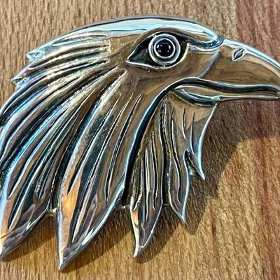 Sterling Silver Handmade Repousse Eagle Pendant With Onyx Eye - Total Weight - 23.14 Grams 