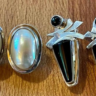 (2) Pairs Of Handmade Sterling Silver Earrings - Black Onyx And Blister Pearl - Total Weight 31.97 Grams 
