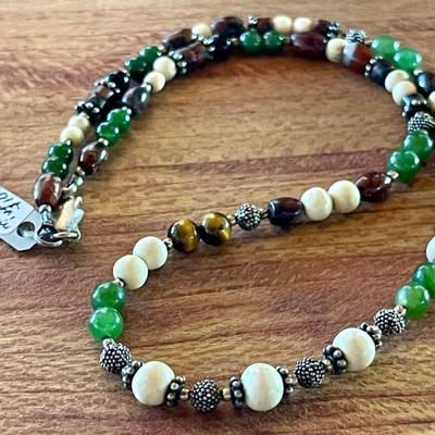 Sterling Silver Handmade Necklace With Mammoth Tusk - Pietersite & Jade Bead 15 Inch Necklace 