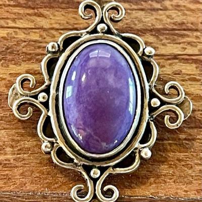 Sterling Silver & Charoite Handmade Pin - Total Weight 9.85 Grams 
