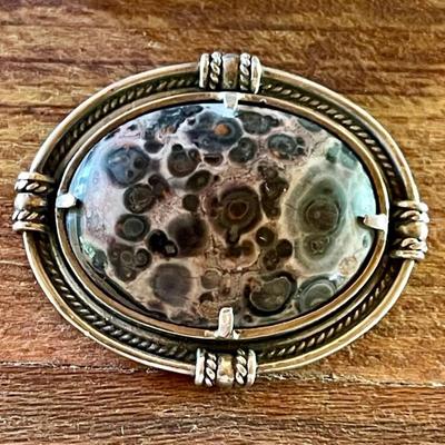 Sterling Silver & Leopard Skin Jasper Handmade Pin - Total Weight - 17 Grams 