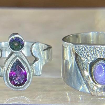 (2) Sterling Silver Rings - Garnet & Rainbow Topaz 5.5 & Charoite W 18K Gold Accent 5 -  Weight 10.77 Grams 