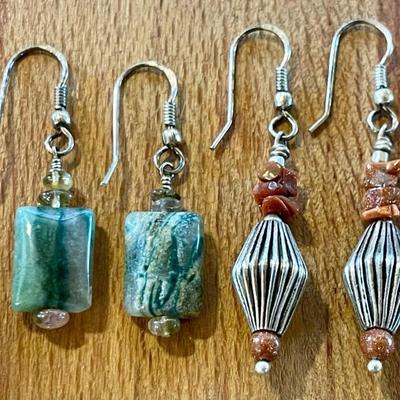 (2) Pairs Of Sterling Silver & Bead Earrings - Ocean Jasper & Goldstone 