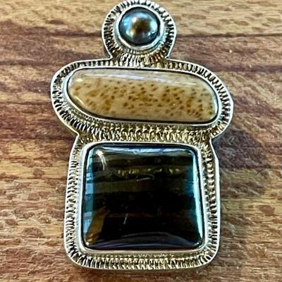 Sterling Silver - Ironwood - Jasper & Pearl Handmade Pin - Total Weight - 14 Grams 