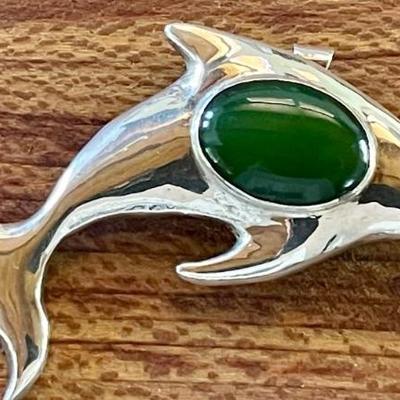 Sterling Silver & Jade Dolphin Handmade Pendant Pin - Total Weight - 11.53 Grams 