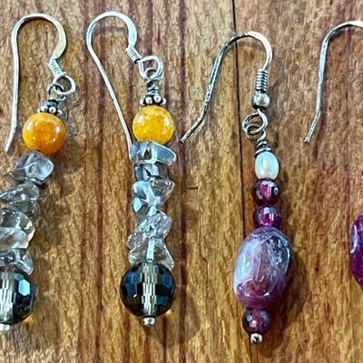 (2) Pairs On Handmade Bead Earrings - Sterling Silver - Amber - Smoky Quartz - Ruby & Pearl 