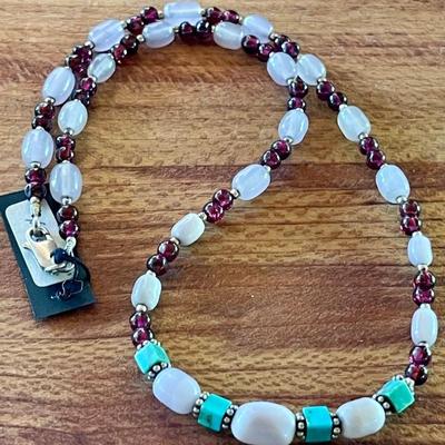 Handmade Sterling Silver - Moonstone - Garnet & Turquoise Bead 16 Inch Necklace 