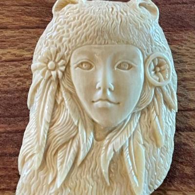 Sterling Silver Hand Carved Wolly Mammoth Tusk Handmade Goddess Pendant - Total Weight - 10.41 Grams 