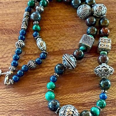 Gorgeous Handmade Sterling Silver - Pietersite - Malachite & Blue Lapis Bead 20 Inch Necklace 