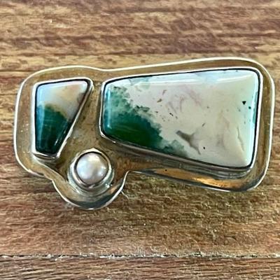 Sterling Silver Sea Jasper & Pearl Handmade Pin - Total Weight - 10.9 Grams 