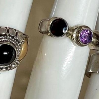 (3) Sterling Silver Rings - Garnet - Amethyst - Onyx - Peridot - Size -  4  Total Weight - 15.92 Grams 