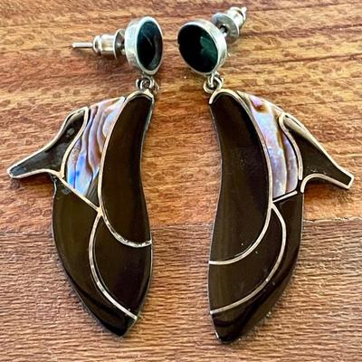 Sterling Silver Handmade Onyx & Abalone High Heel Earrings - Total Weight - 7.89 Grams 