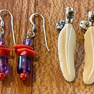 (2) Pairs Of Earrings - Wolly Mammoth Tusk Carved Feathers & Coral & Amethyst Bead 