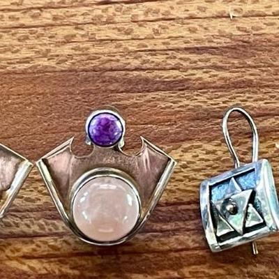 (2) Pairs Of Sterling Silver Handmade Earrings - Rose Quartz & Charoite & Sterling Silver Wires - 22.54 Grams 