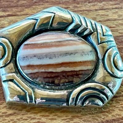 Sterling Silver & Stripped Handmade Jasper Pin - Total Weight - 13.46 Grams 
