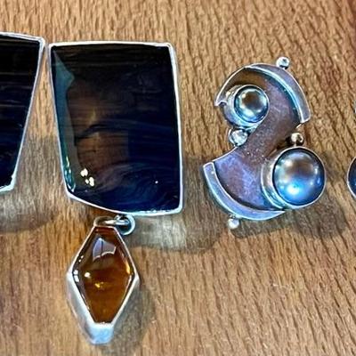 (2) Pairs Sterling Silver Handmade Earrings - Grey Pearl - Amber & Mahogany Obsidian  21.14 Grams 