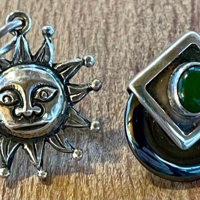 (2) Sterling Silver Handmade Pendants - Sun Face & Jade & Hematite Pendant - Total Weight 11.83 Grams 