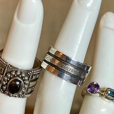 (3) Sterling Silver Rings - Hematite -Spinner Band & Amethyst & Topaz Stone - Size 5-5.5 - Weight 20.71 Grams 