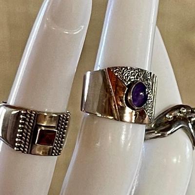 (3) Sterling Silver Rings - Citrine - Amethyst And Band  (2) W 18K Gold Accent - Size 4-5 - Weight 14.2 Grams