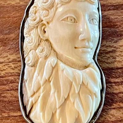 Sterling Silver Hand Carved Wolly Mammoth Tusk Handmade Face Pendant - Total Weight 13.39 Grams 