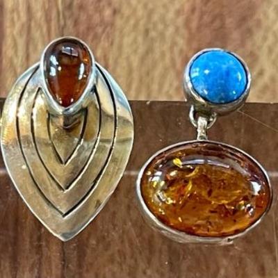 (2) Pairs Of Handmade Sterling Silver - Blue Lapis & Amber Earrings - Total Weight 
