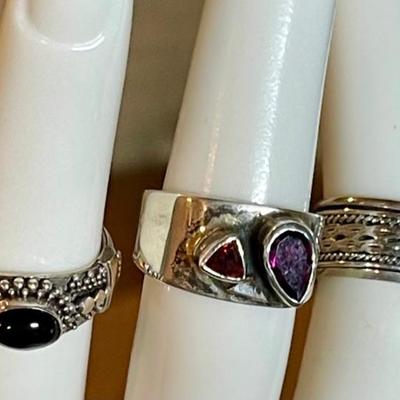 (3) Sterling Silver Rings - Spinner Band - Amethyst & Topaz And Black Onyx -size 4.75 - 5.75 - Weight 12.97 Gr