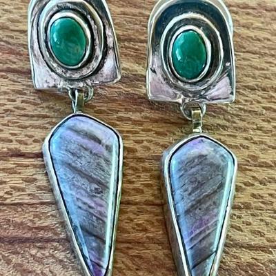 Sterling Silver  - Jade & Agate Earrings - Total Weight - 9.74 Grams 