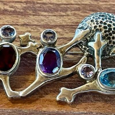 Sterling Silver - Amethyst - Garnet & Blue Topaz Handmade Pin - Total Weight 13.06 Grams 