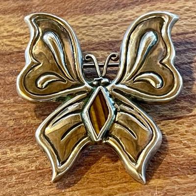 Sterling Silver & Tiger's Eye Handmade Butterfly Pin - Total Weight - 13.05 Grams 