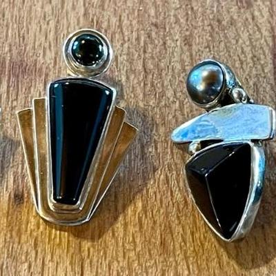 (2)  Pairs Of Sterling Silver Handmade Earrings - Onyx - Peridot  & Grey Pearl - Total Weight 21.35 Grams 