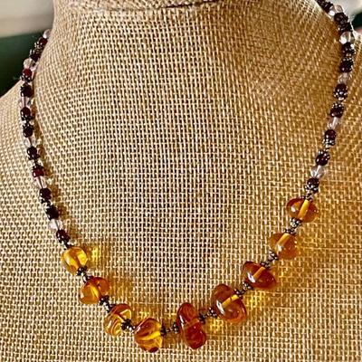 Sterling Silver - Garnet - Quart & Amber Bead 15 Inch Handmade Necklace 