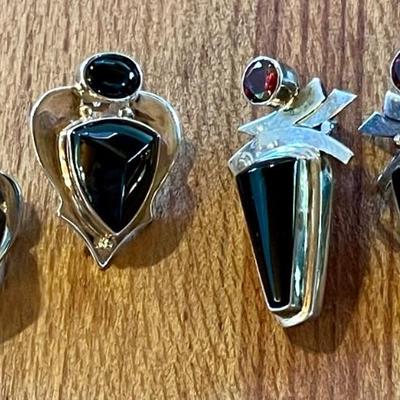 (2) Pairs Of Handmade Sterling Silver Earrings - Black Onyx And Garnet - Total Weight - 26.54 Grams 