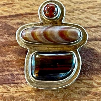 Sterling Silver - Ironwood - Jasper & Dinosaur Bone Handmade Pin - Total Weight 11.4 Grams 